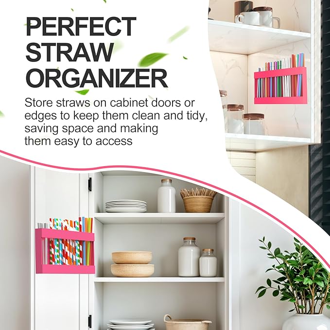 2 Pack 9.5” Large Acrylic Straw Holder for Cabinet Door with Detachable Ultra Sticky Adhesive Squares and Stickers, 2026 Reusable Straws Organizer Storage Dispenser for Kitchen Counter Cupboard