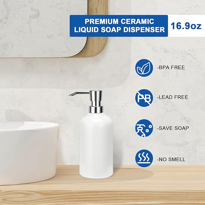 Ceramic White Soap Dispenser Bathroom, 2 Pcs 16.9oz Hand Soap Dispenser for Kitchen, Hotel