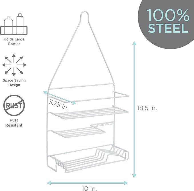 Bath Bliss Shower 3 Tier Shower Caddy | 3 Tier Shelves | Soap Dish Holder | Razor Slots | Wash Cloth Hook | Loofah Hook | White | Rust Resistant | Bathroom Accessories