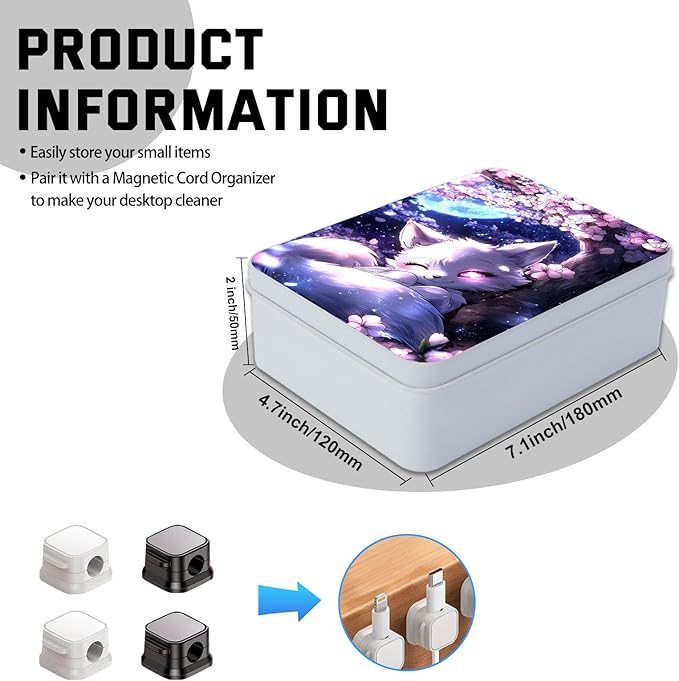 Metal Tin Box with Lid,Multi-functional Storage Large Box Can Store Tea Biscuits Game Cards, Playing & Tarot Cards-Comes with 4 Magnetic Cord Clips,White Fox Cherry Tree