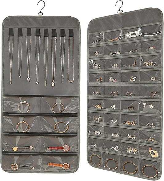 Hanging Jewelry Organizer: Necklace & Earring Holder with Pockets for Closet, Wall or Door (Grey)
