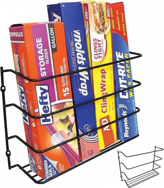 Evelots Kitchen Wrap Organizer - 2 Pack - Hold up to 4 Plastic, Foil, Paper, Wax - Cabinet Door, Wall Rack Basket - Sandwich, Freezer, Food Bag Storage - Laundry Supplies - Black