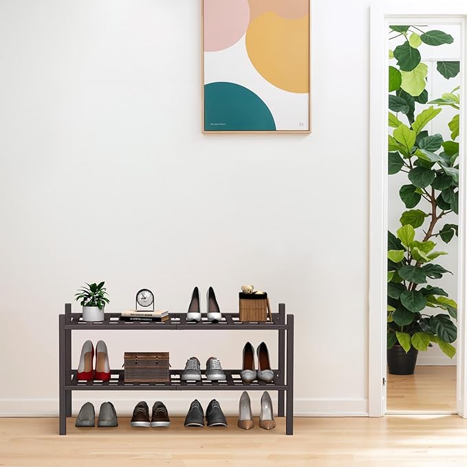 Haddockway Large 2 Tier Bamboo Shoe Rack Storage Organizer, Multifunctional Free Standing Stackable Shoe Shelf with Grid Panel for Closet,Hallway,Entryway,Small Space 27"x12"x14"