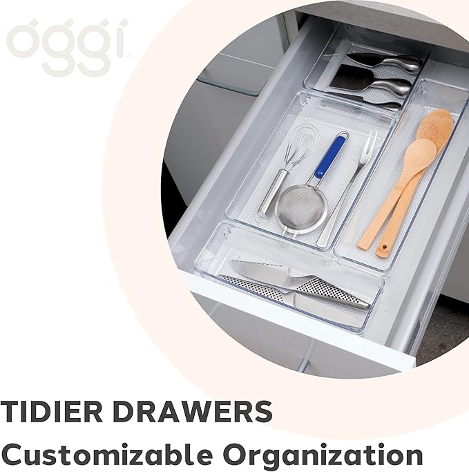 Oggi Clear Drawer Organizer - 3" X 12.5" (Set of 6) - Ideal for Organizing Kitchen Drawers, Office, Desk, Silverware, Kitchen Utensils, Cosmetics and Bathrooms