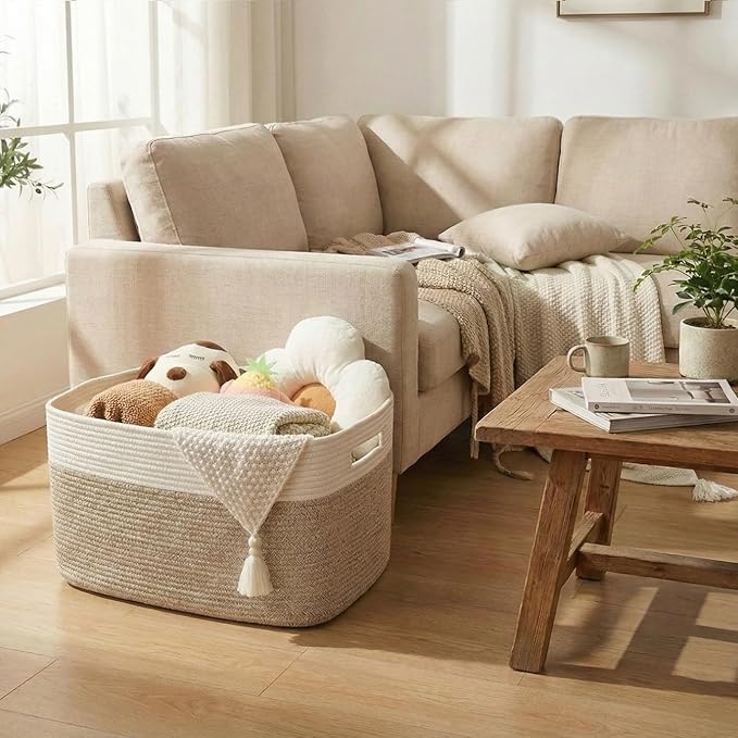 Woven Blanket Basket,96L Large Storage Bin for Blankets Toys Clothes,Decorative Rope Basket for Living Room Bedroom with Handles, White&Oatmeal