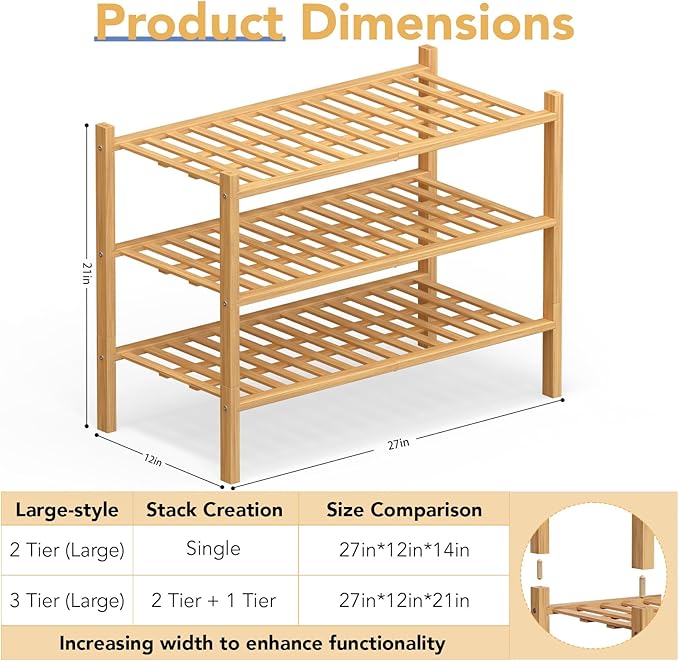 Haddockway Large 3 Tier Bamboo Shoe Rack Storage Organizer, Multifunctional Free Standing Stackable Shoe Shelf with Grid Panel for Closet,Hallway,Entryway,Small Space 27"x12"x21"