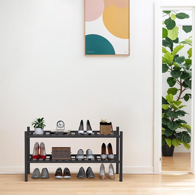 Haddockway Large 2 Tier Bamboo Shoe Rack Storage Organizer, Multifunctional Free Standing Stackable Shoe Shelf with Grid Panel for Closet,Hallway,Entryway,Small Space 27"x12"x14"
