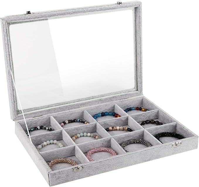 Emibele Jewelry Organizer Bracelet Storage Tray Box, 12 Grids Jewelry Tray with Clear Lid Velvet Jewelry Box for Necklace Bracelets Bangles Display Storage Organizer Box, Grey