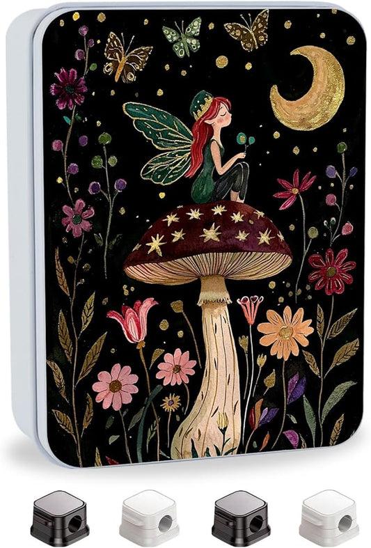 Metal Tin Box with Lid,Multi-functional Storage Box Can Store Tea Biscuits Game Cards, Playing & Tarot Cards-Comes with 4 Magnetic Cord Clips,Mushroom Fairy