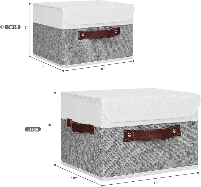 ANMINY Storage Boxes with Lids Washable Decorative Storage Bins Basket with PU Leather Handle Foldable Linen Fabric Storage Cubes Containers for Home Closet Organizer - Gray White, Small Size