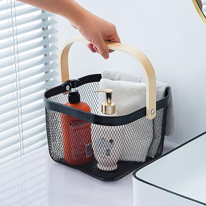 Mesh Steel Storage Organizer Basket Fruit Basket Bin with Wood Handle Ideal for Kitchen Bathroom Picnic Baskets Pantry Cabinets Storage Home Decor (Black)