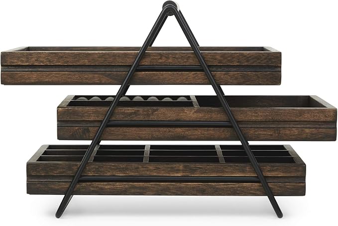 Umbra 1004037-048 Terrace Jewelry Tray â Three-Tier Jewelry Tray With Three Sliding Linen Lined Wood Trays With Metal Frame and Handle, Easy Storage and Access, Black/Walnut Finish