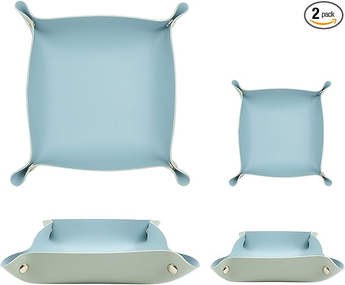2 Size Leather Valet Tray Organizer, Folding Travel Organizer,Jewelry Tray, For Travel, Home Or Office | Plain Weave, Double Complexion - Blue & Green