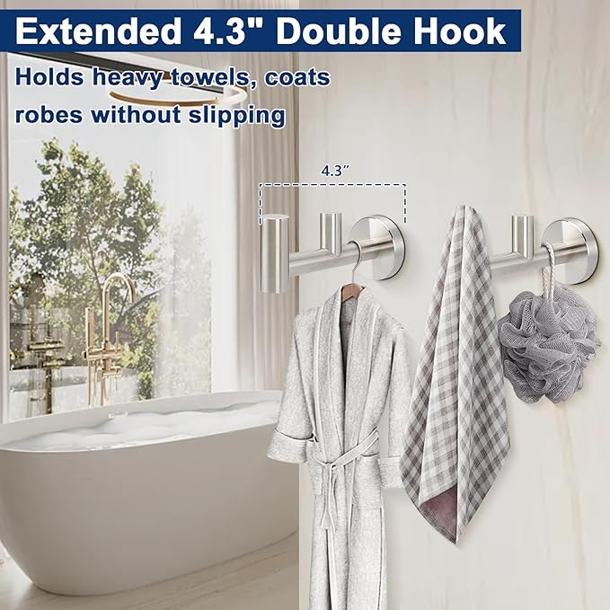 NearMoon Bathroom Double Towel Hook- SUS304 Stainless Steel Robe Towel Holder, Heavy Duty Double Coat Hook for Bathroom Livingroom Kitchen Wall Mounted (Brushed Nickel-F, 2 Pack)