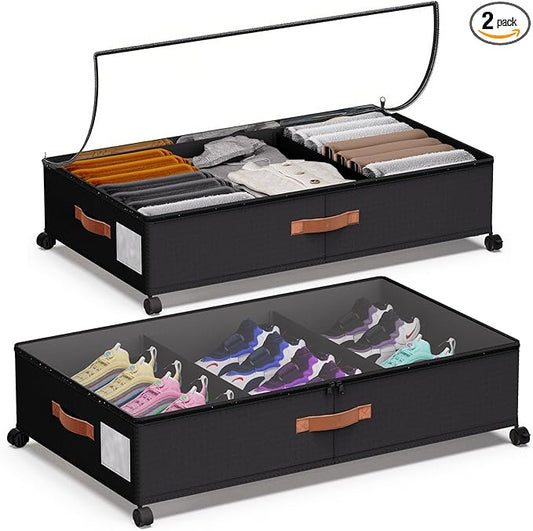 Under Bed Storage with Wheels - Rolling Underbed Containers with PVC Clear Lid & Dividers, 600D Oxford Fabric, PU Leather Handles, Adjustable Magic Tape Partition, XXL 66L (2, Black)