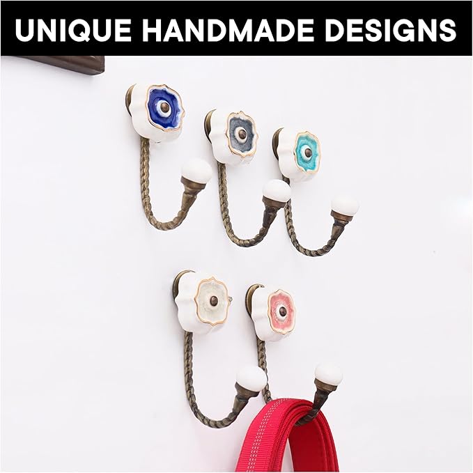 Indian Shelf Pack of 6 Ceramic Wall Hooks for Hanging Clothes - Multicolor Solid Gold Line Wall Coat Hooks - Ceramic Clothing Hooks - Solid Gold Line Keys Hanging