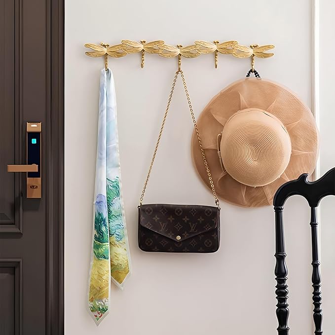 Gold Coat Rack Wall Mounted - 5 Tri Hooks, Heavy Duty, Brass Coat Hook Rail for Coat Hat Towel Purse Robes Mudroom Bathroom Entryway