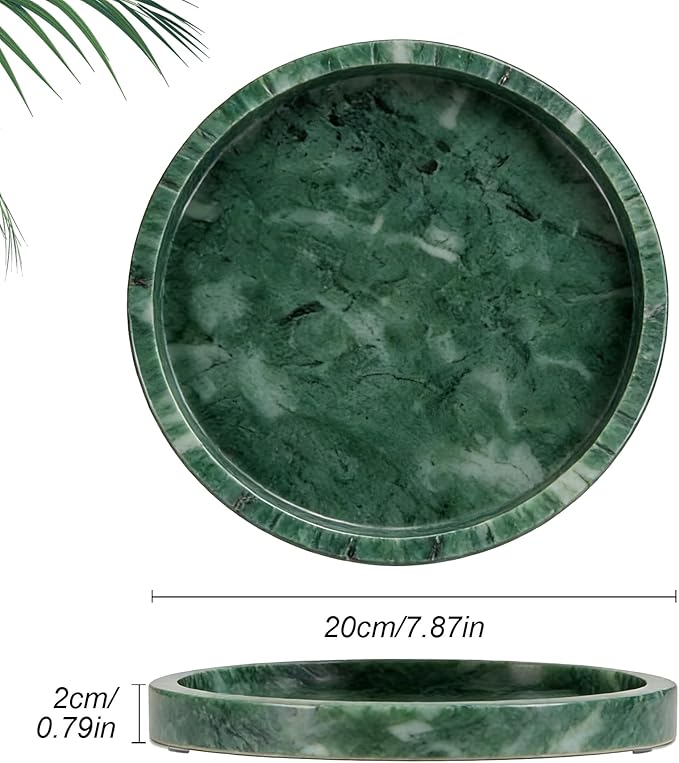 Natural Marble Tray, Round Green Tray for Bedroom/Bathroom/Kitchen/Vanity Countertop, Jewelry Tray for Rings Earrings Necklace Bracelet Watch, Room Decor Aesthetic