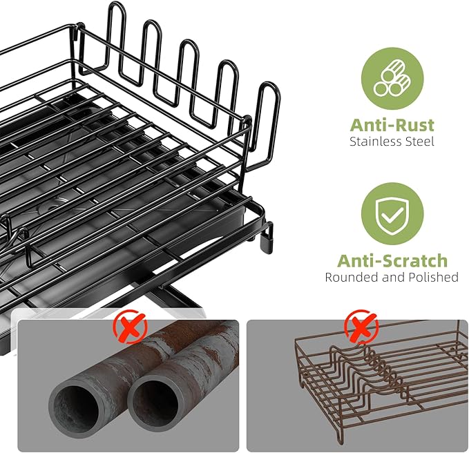 Expandable Dish Drying Rack for Kitchen Counter, Large Capacity Dish Drainer with Utensil Holder & Drip Tray, Space Saving Organizer (12.7"-21.7" x 17"), Black