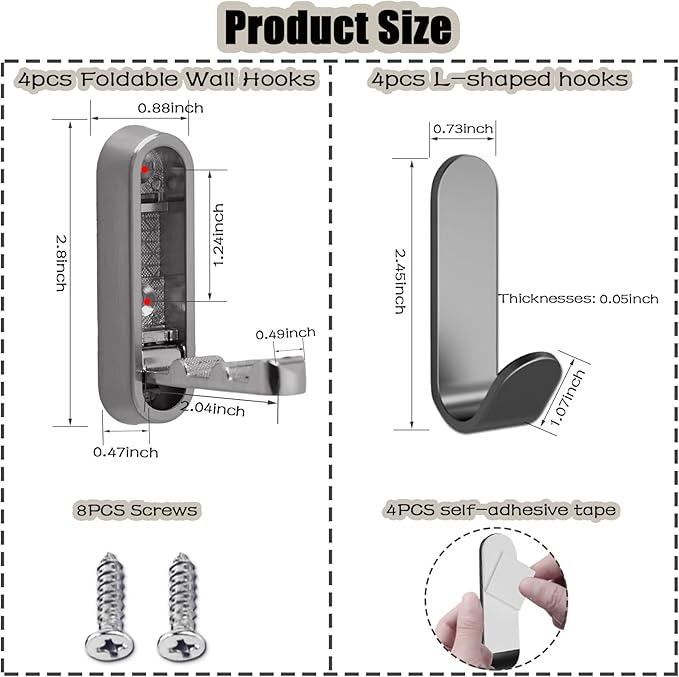 4PCS Foldable Wall Hooks, Folding Coat Hook, Folding Hook Wall Mount with 4pcs L-Shape Nail-Free Hooks, Screwdriver and Drill Bit, for Bathroom, Kitchen, Entryway, Holds Coats, Backpacks, Hats, Keys