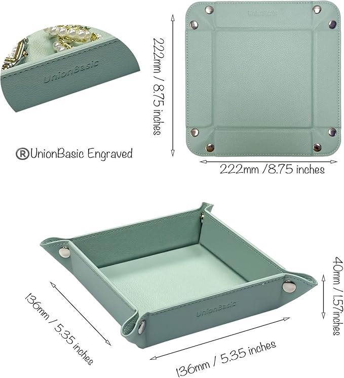 UnionBasic Valet Tray, Jewelry Tray for Rings Earrings, Entryway Catchall Caddy for Coins Keys Change, Nightstand Organizer Bedside Valet Holder, Trays for Electronic Gadgets, Lychee Mint Green