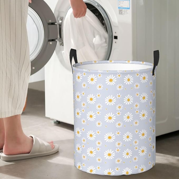 Daisy Flowers Round Laundry Hamper Storage Basket Toys Clothes Organizer Bin For Home Bathroom Bedroom Dorm Nursery, 38l
