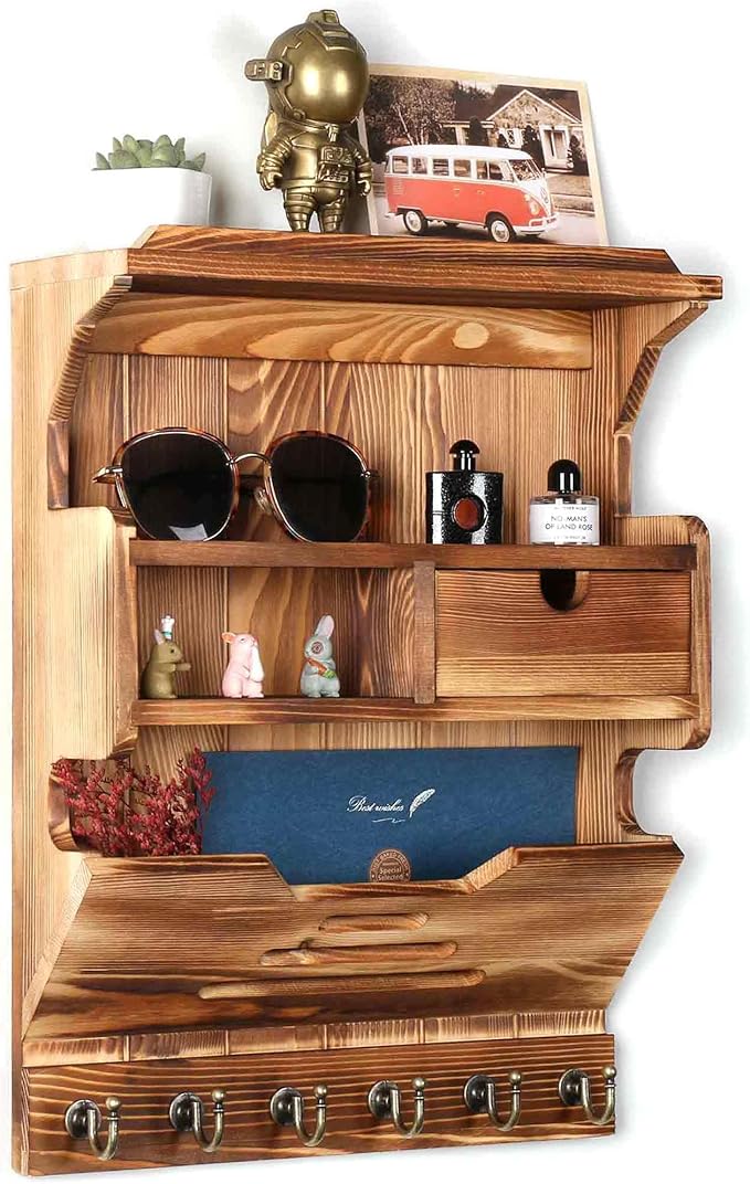 Key Holder for Wall, Elegant Wall-Mounted Mail Organizer with Storage Drawers, Brown
