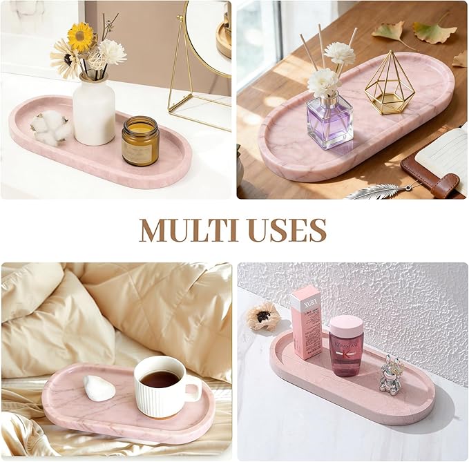 Natural Marble Tray, Pink Stone Tray, Vanity Decorative Tray for Countertop, Catchall for Perfume, Candles, Skincare, Jewelry Dish, Bathroom Tray, Hotel Supplies