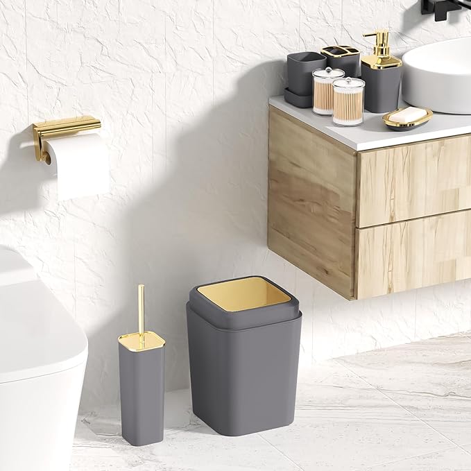 Grey Bathroom Accessories Set, Bathroom Sets with Shower Curtain, Grey Bathroom Accessories with Trash Can, Soap Dispenser, Soap Dish, Toilet Brush Holder, Qtip Holders for Bathroom