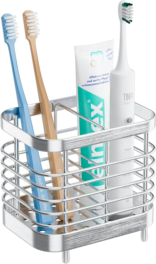 Countertop Toothbrush Holder for Bathroom, Stainless Steel Electric Tooth Brush Stand Storage Organizer with Drainage, Kids Toothpaste Holder Caddy, Silver Bathroom Sink Accessories Decor