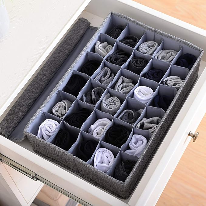 AARAINBOW 4 Packs Underwear Socks Ties Storage Organizer with Lids Foldable Closet Drawer Organizer 120 Cells, Fabric Wardrobe Divider Storage Boxes for Scarves and Lingerie (30 Cell, 4 Gray)