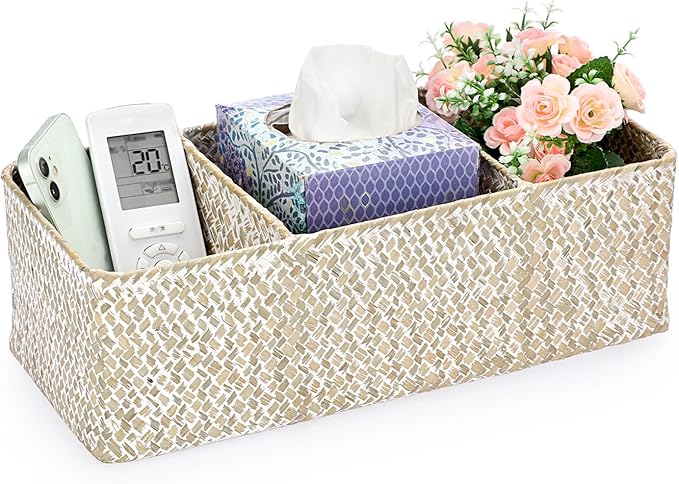 Hipiwe Seagrass Storage Basket Bin- 3 Sections Hand-Woven Toilet Basket Wicker Shelf Basket Bathroom Organizer Bins for Shelves, Kitchen, Pantry, Closets, Toilet Paper Tissue Organizer