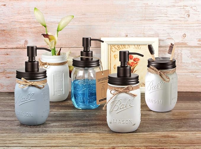 Mason Jar Bathroom Accessories Lids Set(4pcs) - Jar Not Included - Soap Dispenser,Toothbrush Holder, Apothecary Jars Lids for Regular Mouth Mason Jars - Rustproof Stainless Steel，Bronze
