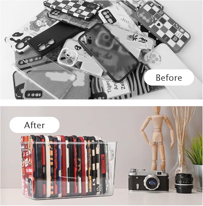 Plastic Clear Phone Case Organizer, Storage Holder Box with Handle Multifunctional Phone Case Storage, Electronics Organizer for Desk, Cabinet, Shelf (Deep)