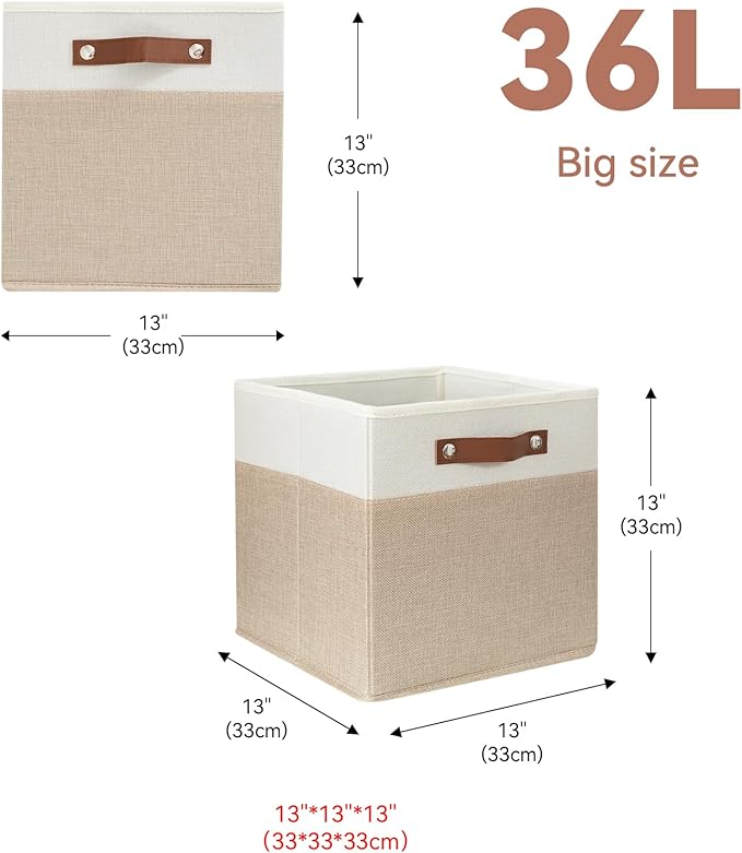 SNWDN 6 Pack Large Fabric Storage Baskets for Organizing Collapsible Fabric Storage Bins with Handles for Home and Office Organizing (White/Beige 13x13x13 Inches)