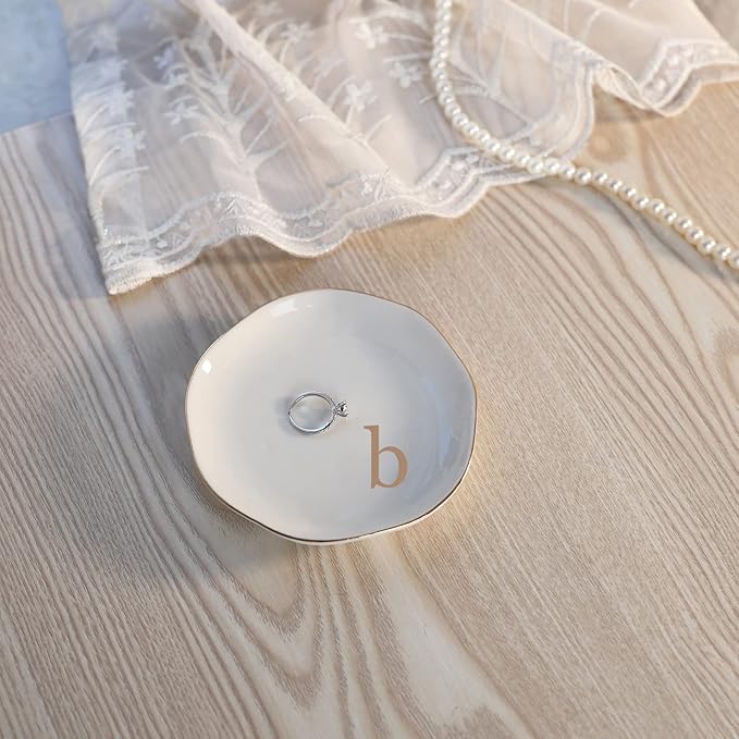 HOME SMILE Initials Ring Dish Jewery Tray with Personalized B-Monogrammed Engagement Wedding Gifts for Friends,Sister,Birthday Christmas Gifts for Women,Ceramic White