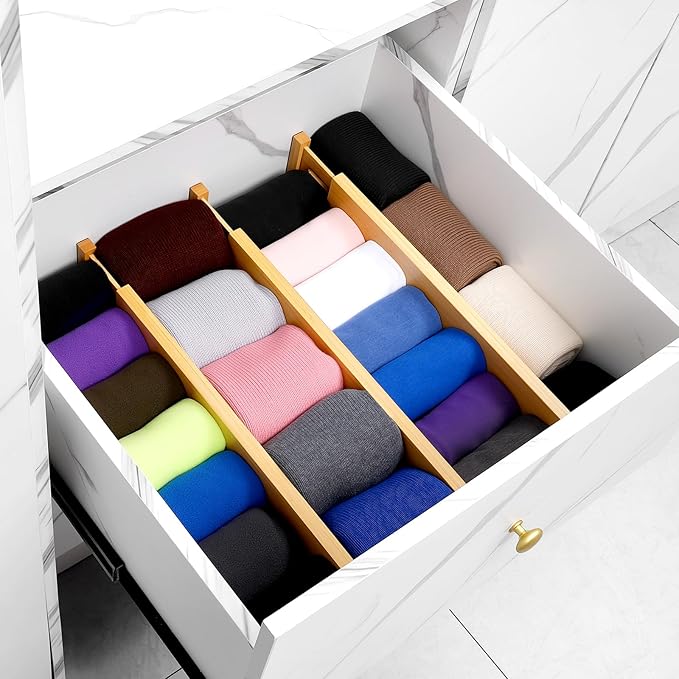 Bamboo Drawer Dividers 4 Pack, 16.4"-21.5" Expandable Drawer Organizer Separators for Kitchen, Bedroom, Dresser