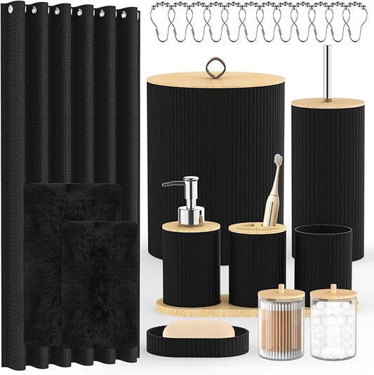 Bathroom Accessories Set - 24PCS Black Bathroom Set with Shower Curtain and Rugs,Trash Can,Toilet Brush Holder Set & Soap Dispenser – Stylish & Functional Bath Decor for Home, Apartment