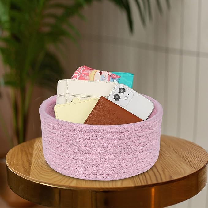 ABenkle Small Woven Basket, Empty Tiny Shallow Storage Baskets, Mini Cotton Rope Baskets, Round Decorative Hamper, Basket Storage Bins for Toys, Spa, Socks, Nursery, Living Room- Pink