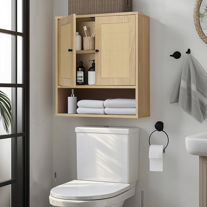 Wall Mounted Rattan Cabinet | Boho Medicine Cabinet for Bathroom | 3-Tier Storage with Doors | for Kitchen, Living Room, Over Toilet Storage | 23.2"x7.68"x24" Natural Rattan（Oak）