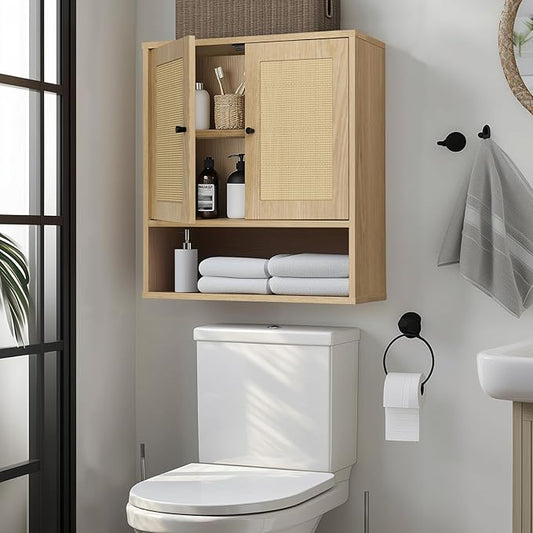 Wall Mounted Rattan Cabinet | Boho Medicine Cabinet for Bathroom | 3-Tier Storage with Doors | for Kitchen, Living Room, Over Toilet Storage | 23.2"x7.68"x24" Natural Rattan（Oak）