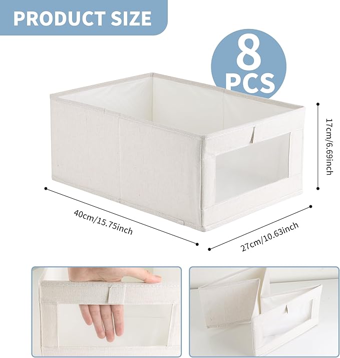 8 Pack Linen Closet Organizers and Storage, Foldable Closet Storage Bins with Clear Window, Linen Closet Baskets