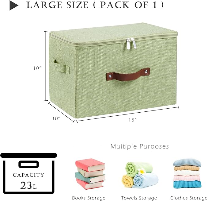 Storage Bins with Zipper Lid Cotton Linen Fabric Lidded Storage Baskets Boxes Foldable Washable Closet Shelf Clothes Organizer Container with PU Leather Handles (Green, Large Size)