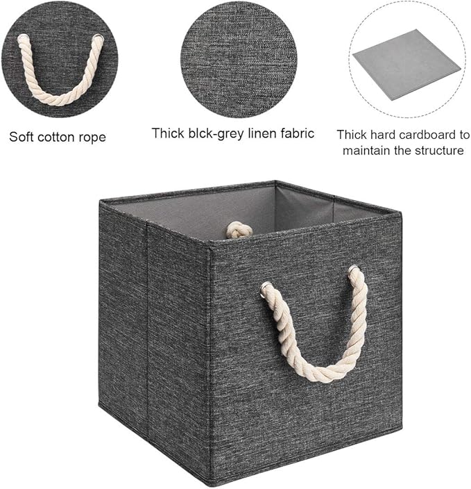 i BKGOO Foldable Storage Cube Bins Black Linen Fabric Collapsible Resistant Basket Box Organizer with Cotton Rope Handle for Home Office and Nursery 10.5x10.5x11 inch