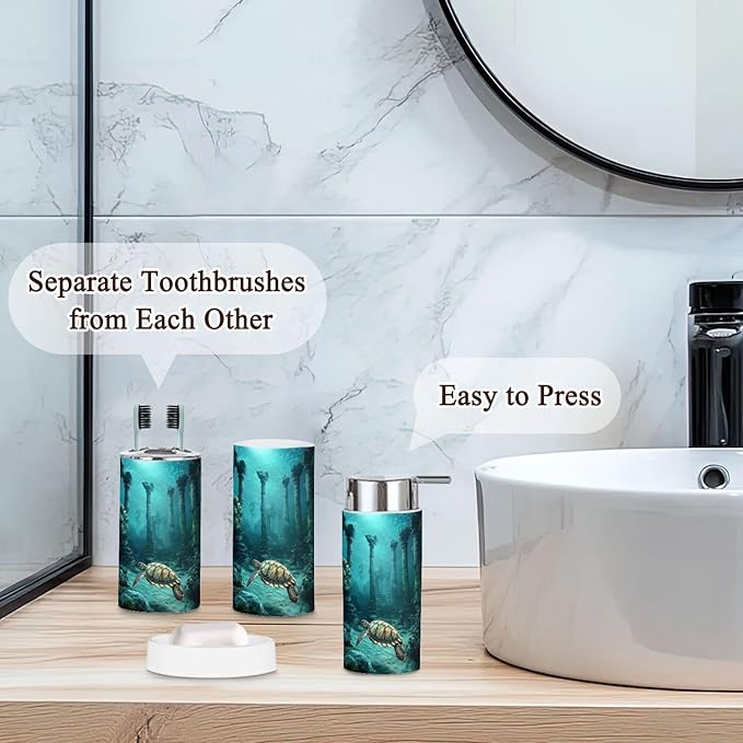 6 Piece Bathroom Accessories Set Bioluminescent Sea Turtle Underwater Surrealism Trash can Toilet Brush Holder Toothbrush Holder Toothbrush Cup Soap Dispenser Soap Dish for Home