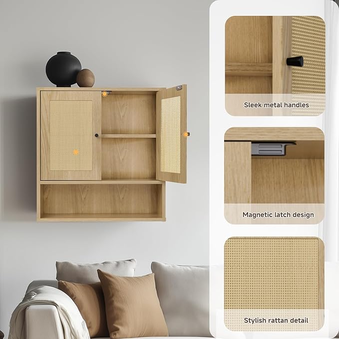 Wall Mounted Rattan Cabinet | Boho Medicine Cabinet for Bathroom | 3-Tier Storage with Doors | for Kitchen, Living Room, Over Toilet Storage | 23.2"x7.68"x24" Natural Rattan（Oak）