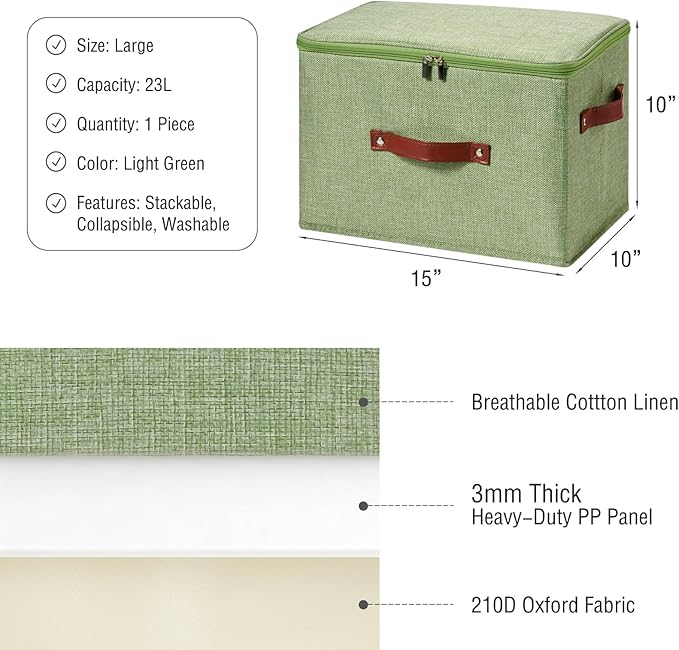 Storage Bin Box with Zippered Lid Cotton Linen Fabric Decorative Basket PU Leather Handles PP Plastic Board Foldable Lidded Clothing Shelf Closet Organizer Container (Light Green, Large)