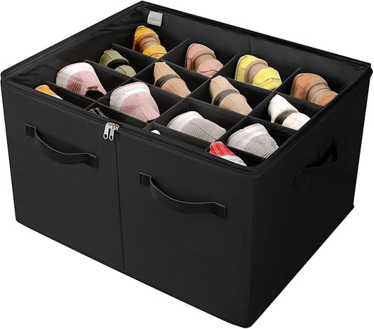 Shoe Organizer for Closet, Foldable Shoe Box with Adjustable Dividers and Clear Cover, Space Saving Shoe Storage Organizer Cabinet with Reinforced Handles, Fits 16 Pairs, Black, TP09B