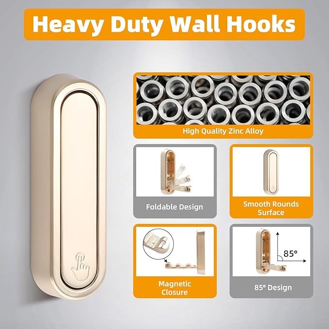 Folding Wall Hooks, 6pcs Foldable Coat Hooks, Heavy Duty Folding Hook for Hanging Coats Towel Hat Backpack, Gold