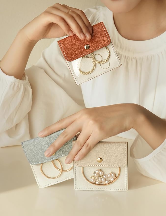 Popvibe 6 Pcs Jewelry Bags Clear Mini Pouch Small Jewelry Pouches for Traveling Leather Portable Travel Jewelry Organizer and Storage Bag for Earrings, Necklace, Beige